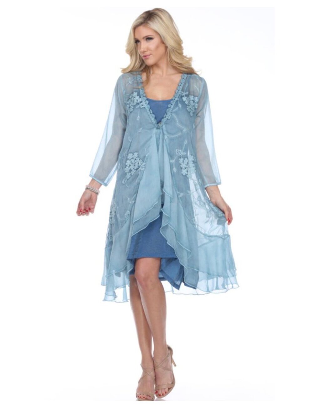 NWT PRETTY ANGEL Norway Ladies Sheer 3/4 Sleeve Long Ruffle Cardigan Turq S-XL